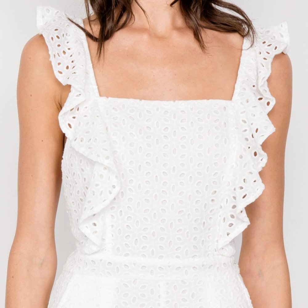 White Eyelet 100% Cotton Open Back Ruffle Romper - Picture 4 of 8